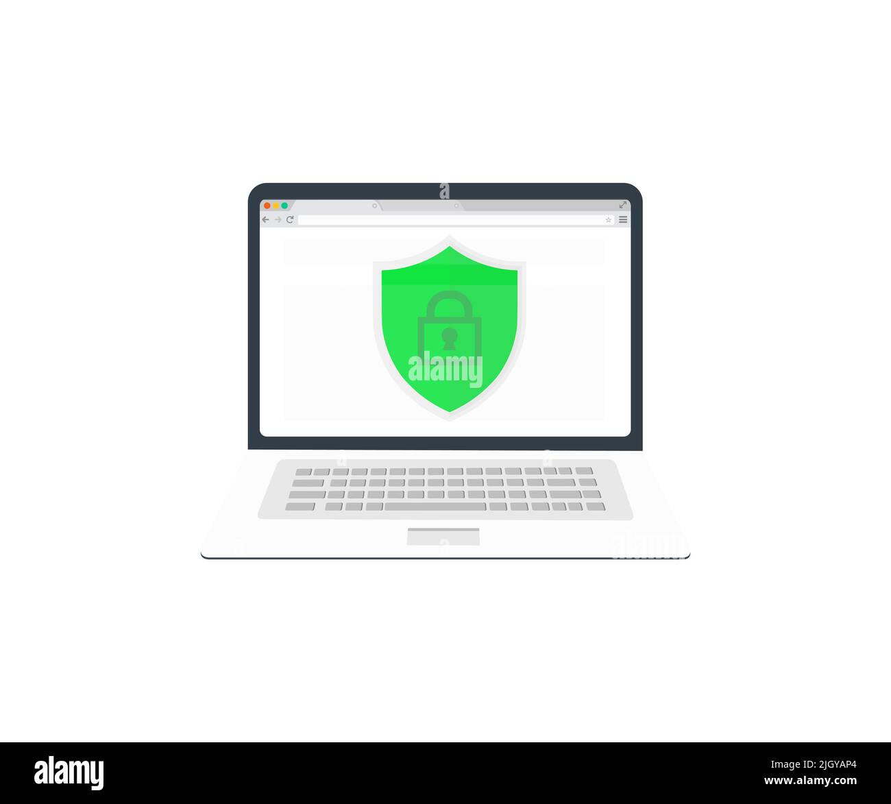 Computer laptop online protection shield on internet browser web site logo design. Secure connection website vector flat cartoon illustration. Stock Vector