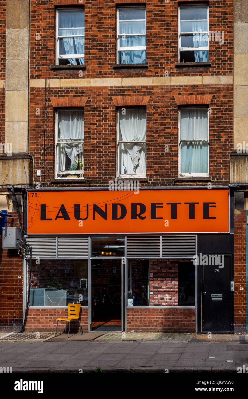 Laundrette Marchmont St Bloomsbury London - The Red & White Laundrette at 78 Marchmont Street Bloomsbury. London Laundrette. Stock Photo