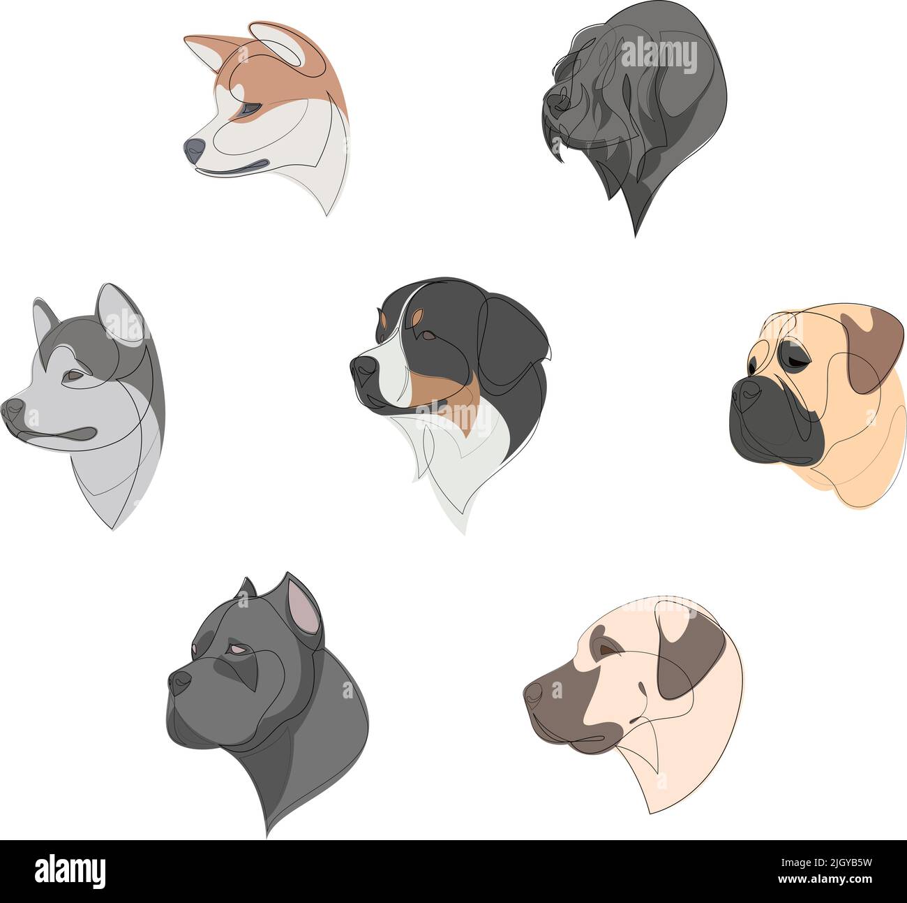 Breeds of dogs drawn in minimalist style set. One line dogs. Vector illustration Stock Vector