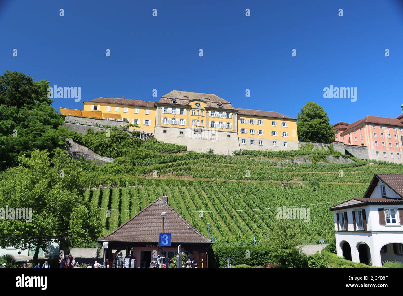 Meersburg scenery at lake of constance. Scenic view and impressions of the ancient city with vinery farming, yacht harbour and ancient castle. Stock Photo