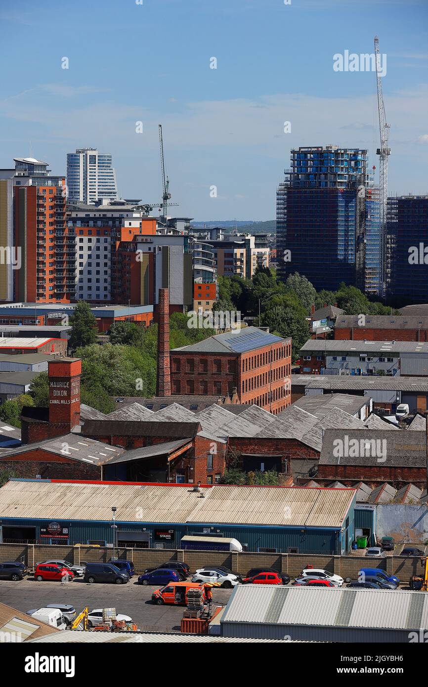 A view of some apartment blocks in Leeds City Centre from a boom lift