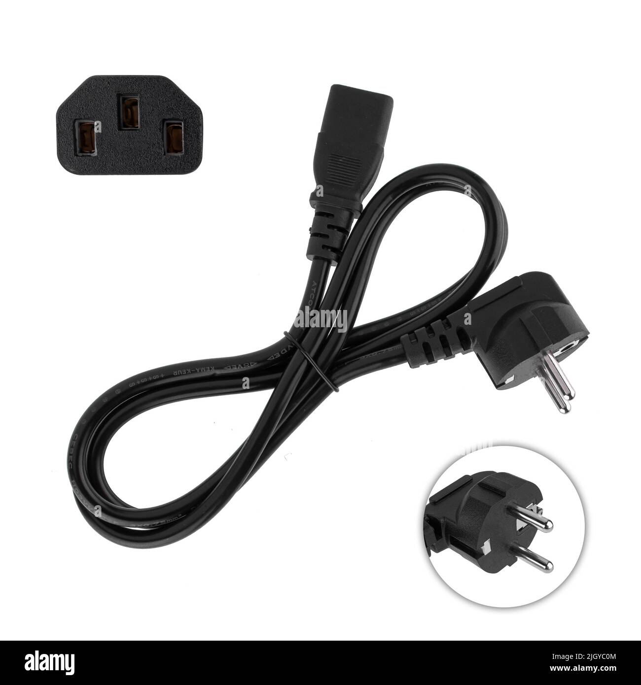 220 volt power cord with plug and connector for a computer power supply on a white background