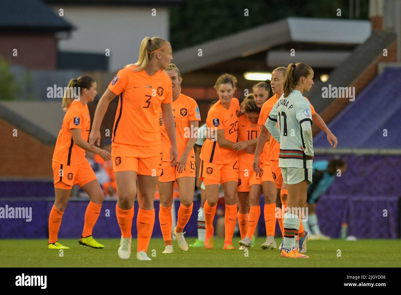 Wigan, England: 13/07/2022, 13th July 2022, Leigh Sports Village, Wigan, England: Womens European International football, Netherlands versus Portugal: Dani&#xeb;lle van de Donk of Netherlands celebrates as she scores with a poweful shot into the top corner in the 62nd minute to put Netherlands 3-2 ahead Stock Photo