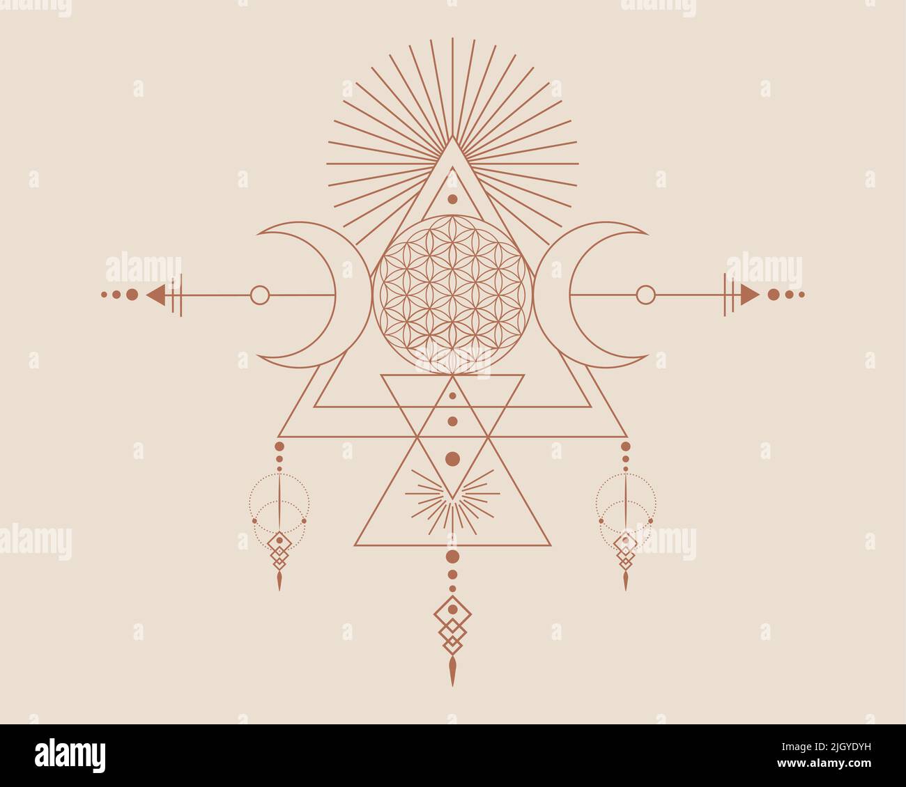 Triple Goddess and Flower of Life, Sacred Geometry, tribal triangles, moon phases in Shaman boho style. Tattoo, astrology, alchemy, and magic symbols. Stock Vector