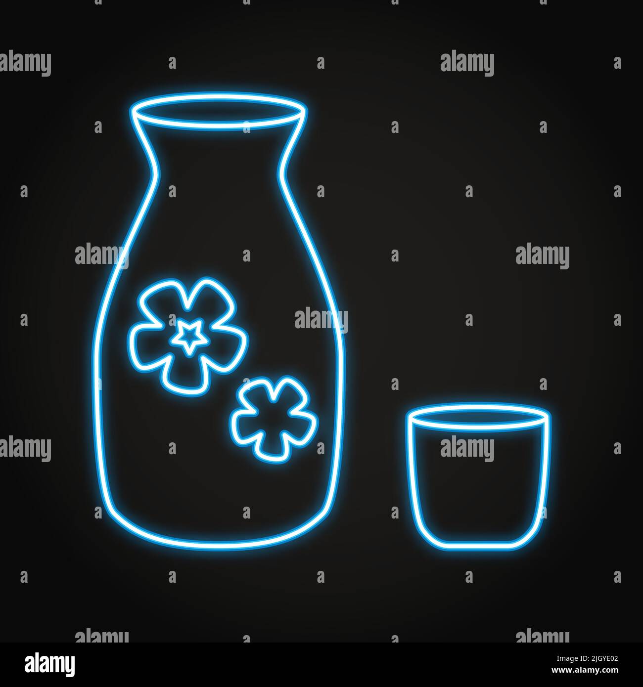 Sake bottle and cup neon icon in line style. Traditional Japanese drink