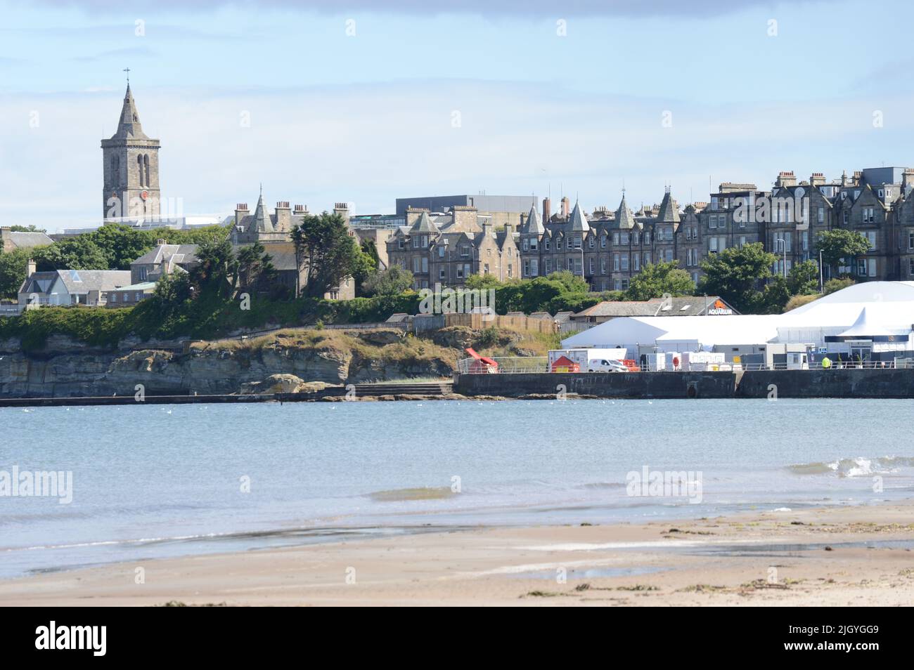 150th Open Golf, St Andrews, Scotland, 13 July 2022, day before start of main Tournament, views of St Andrews from West Sands Stock Photo