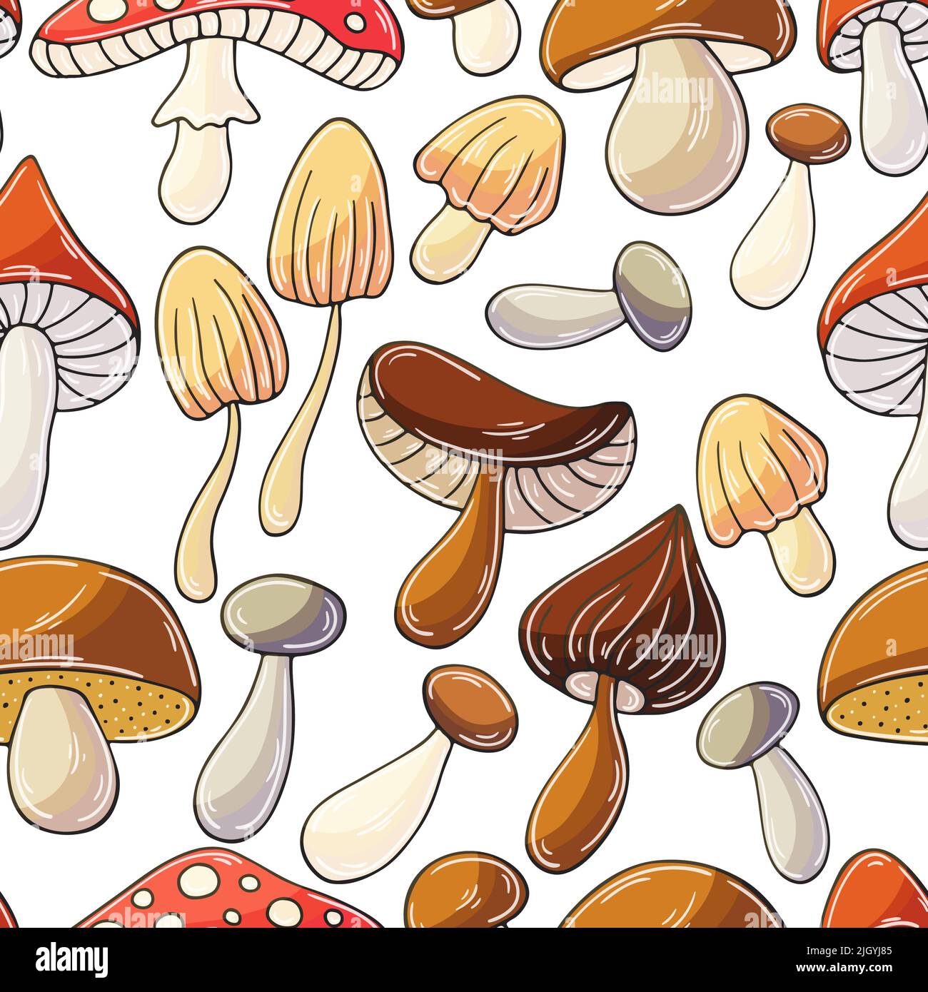 Mushroom autumn mood. Illustration in hand draw style. Seamless pattern with forest mushrooms. Can be used for fabric, packaging, wrapping paper and e Stock Vector