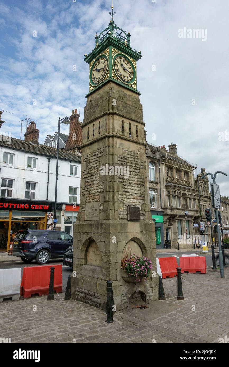 Otley Jubilee Clock, erected in 1888,  in Otley Market Place, Otley, West Yorkshire, UK. Stock Photo