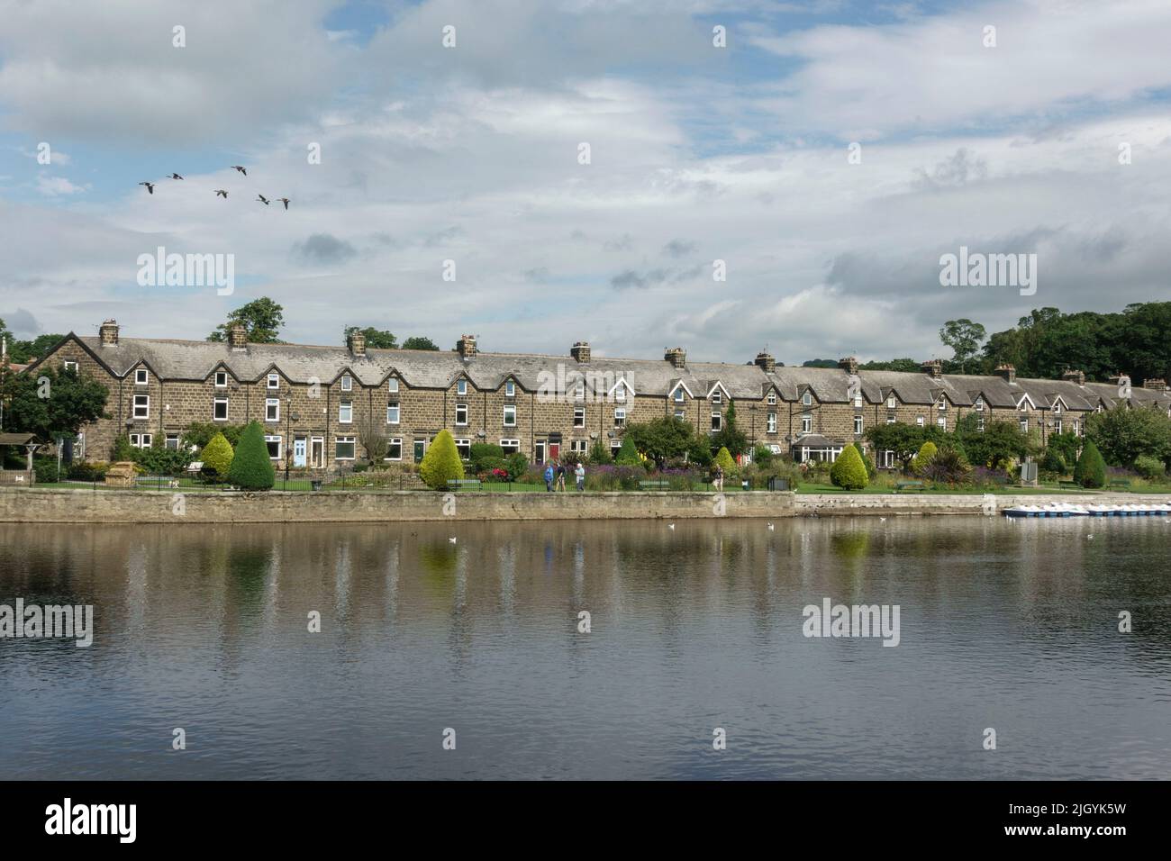 Stone cottages of Back Bridge Avenue (back garden side) viewed across the River Wharfe in Otley, West Yorkshire, UK. Stock Photo
