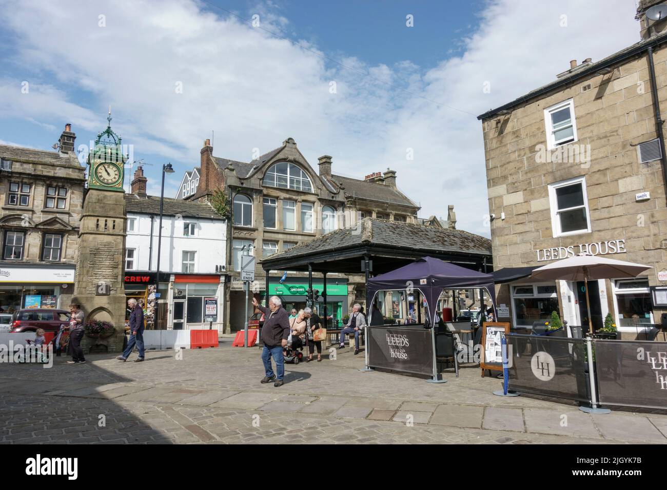 General view of Otley Jubilee Clock and Market Place in Otley, West Yorkshire, UK. Stock Photo