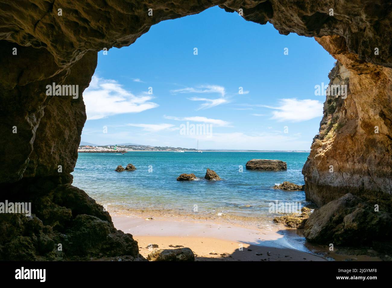Beautiful view inside The Cave in Praia dos Estudantes, Lagos Algarve, Portugal Stock Photo