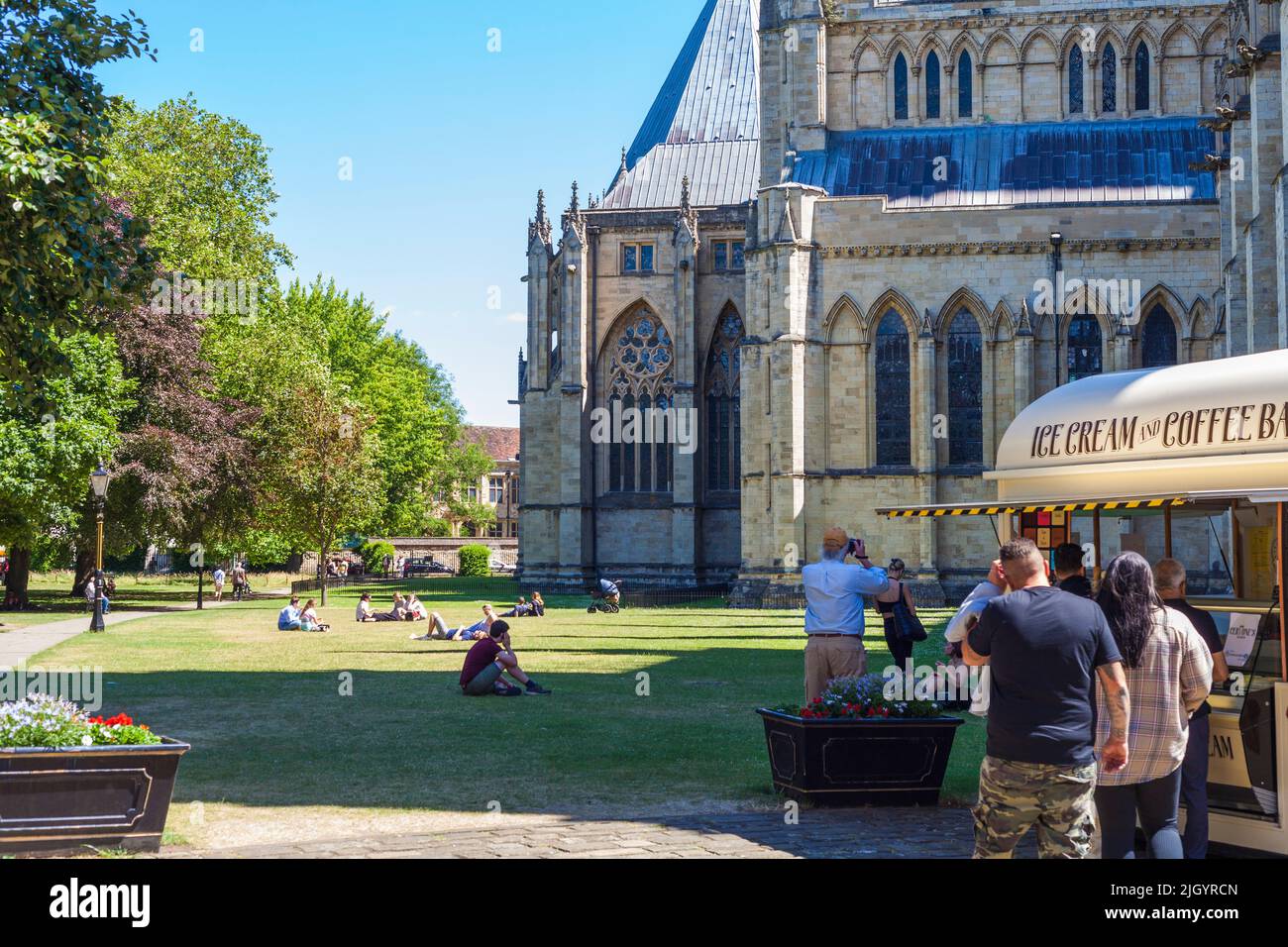 Dean's Park in York,North Yorkshire,England,UK with Ice Cream and coffee bar in foreground Stock Photo