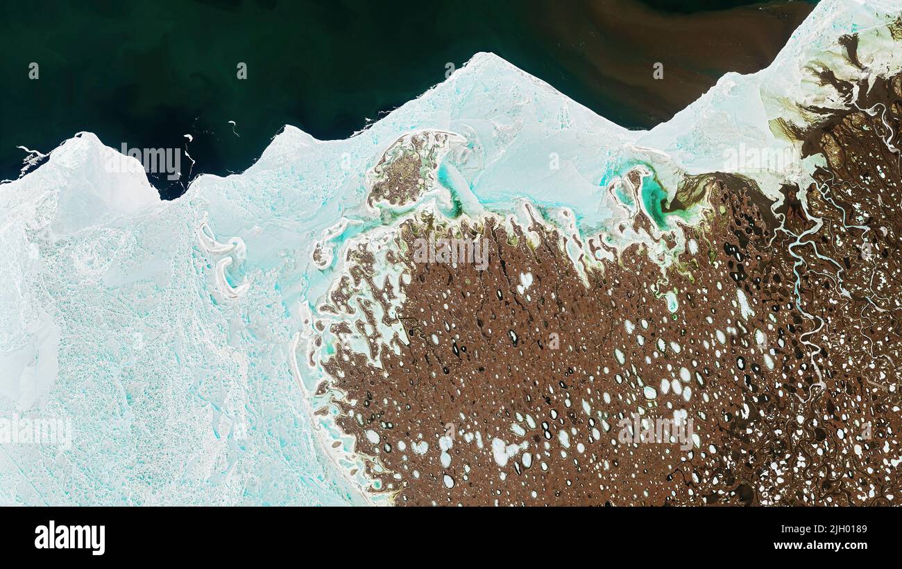 Aerial of the Lena River delta in the Laptev Sea with the Lena River visible on the far right. Stock Photo