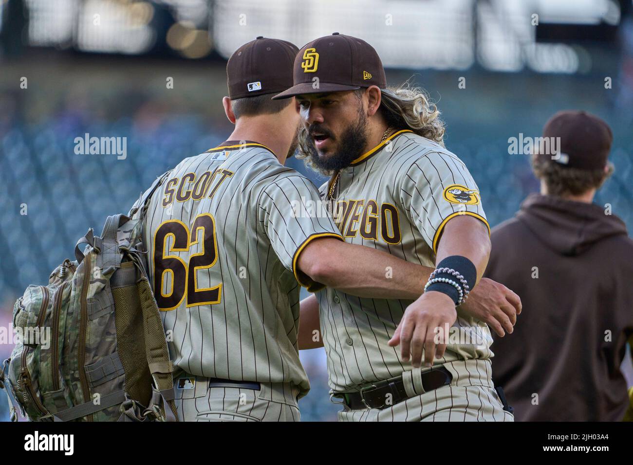 Denver CO, USA. 12th July, 2022. San Diego designated hitter Jorge Alfaro  (38) before the game with San Diego Padres and Colorado Rockies held at  Coors Field in Denver Co. David Seelig/Cal