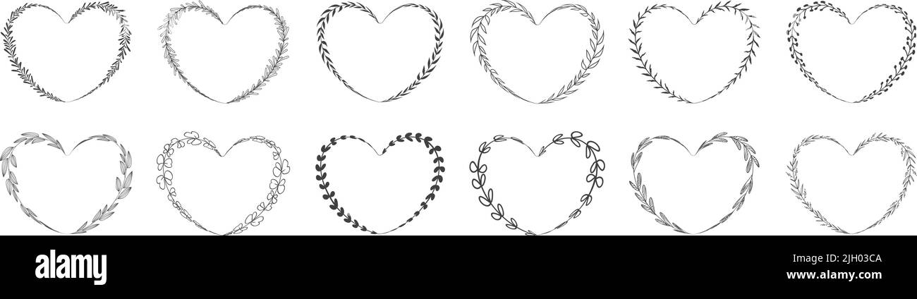 Collection of heart shape leaf wreath element decorative design for invitation card template Stock Vector