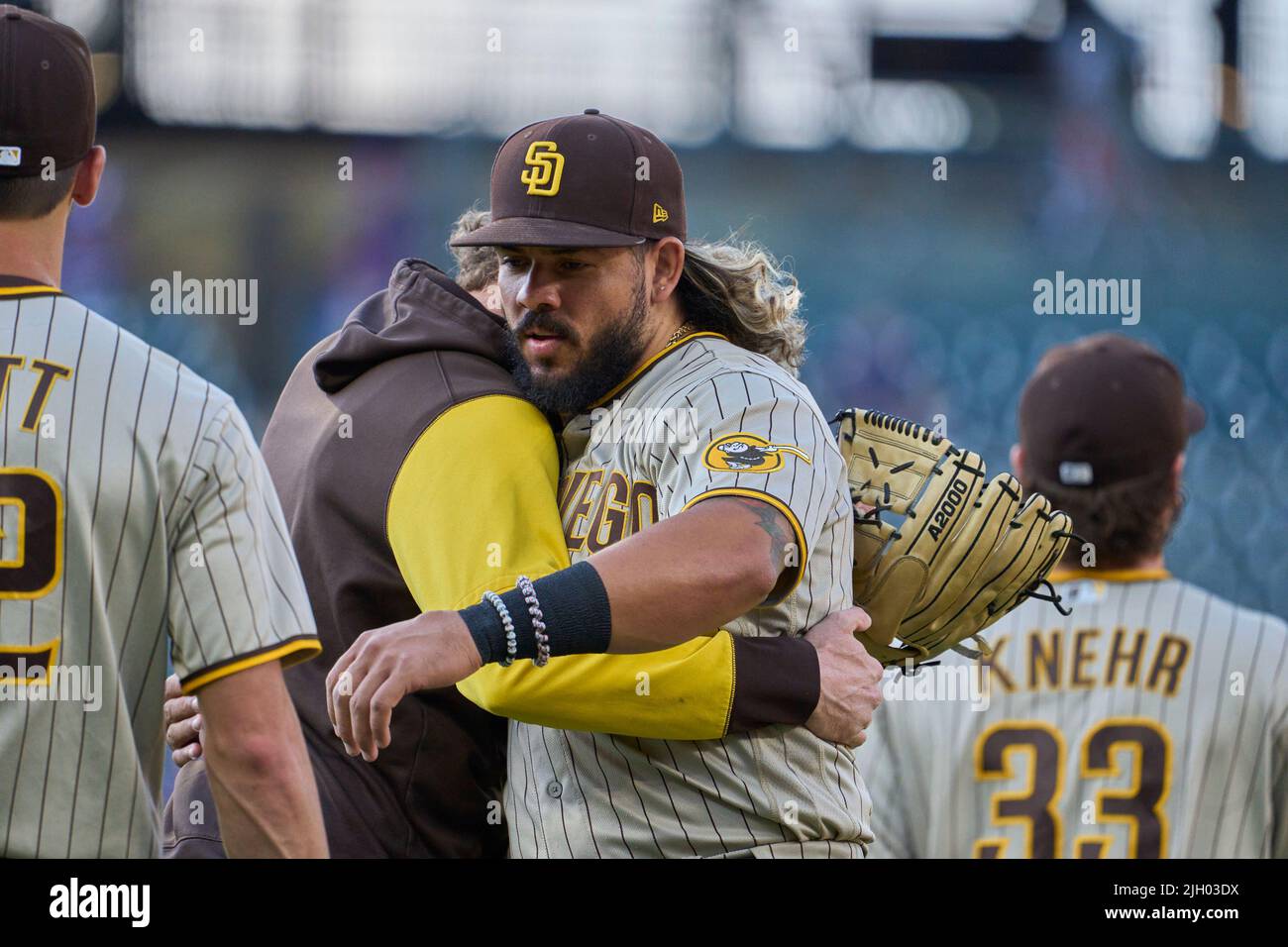 Denver CO, USA. 12th July, 2022. San Diego designated hitter Jorge Alfaro  (38) before the game with San Diego Padres and Colorado Rockies held at  Coors Field in Denver Co. David Seelig/Cal