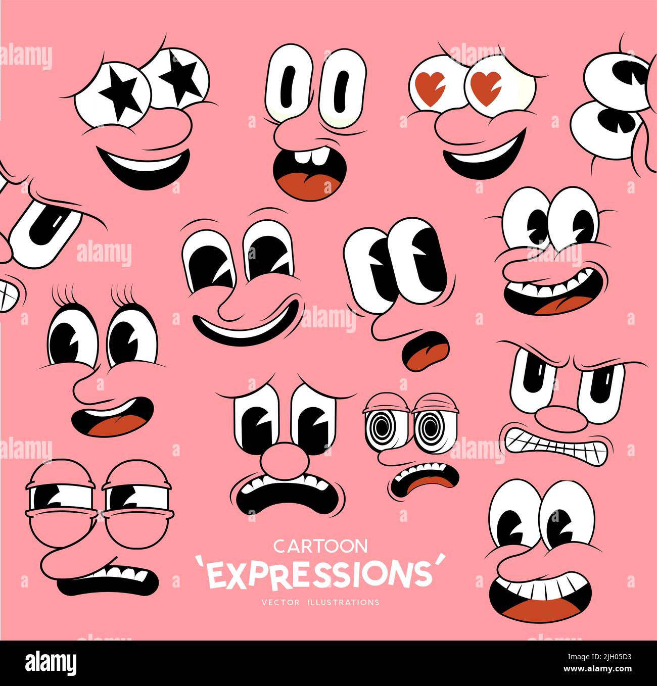 Vintage and retro style cartoon faces and emotional expressions! Vecot illustration. Stock Vector