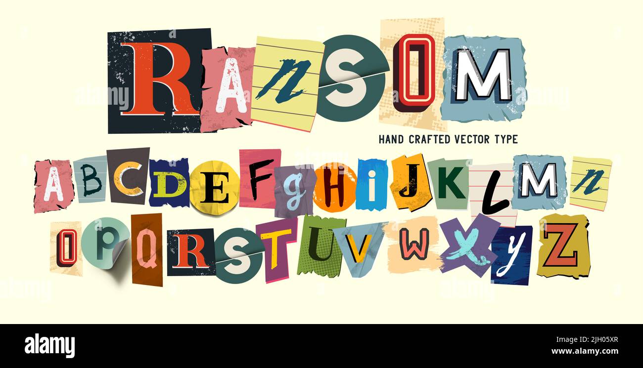 rnadom collection of scrap letters, ransom note style. Vector font illustration. Stock Vector