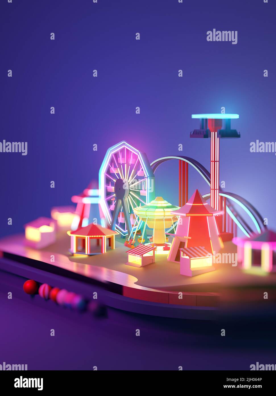 Fairground amusement park filled with rides and attractions lit up with neon lights. 3D illustration. Stock Photo