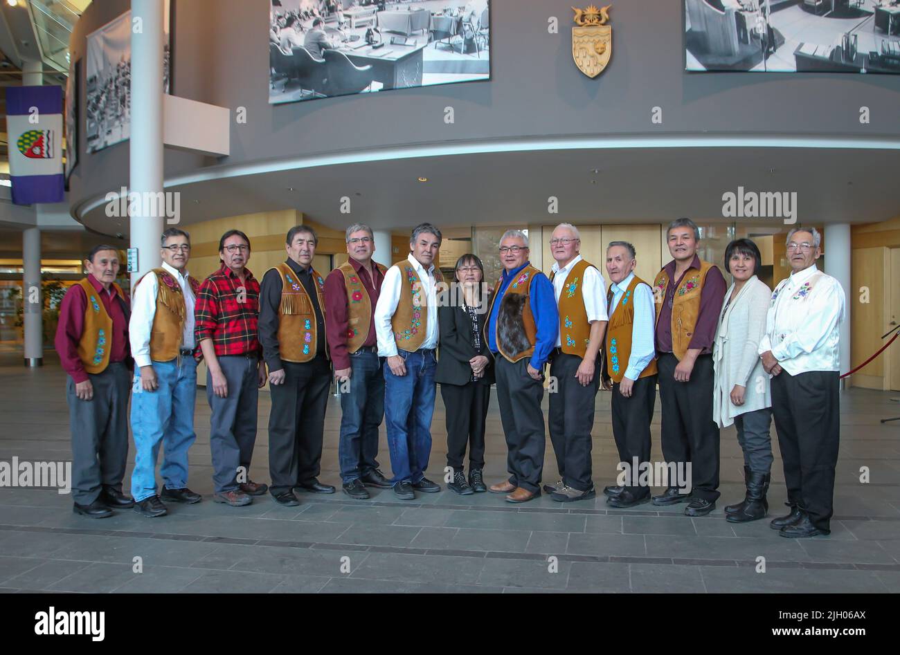 Members of Deline self-government negotiation team standing in the Great Hall of the Government of the Northwest Territories Legislative Assembly. Stock Photo