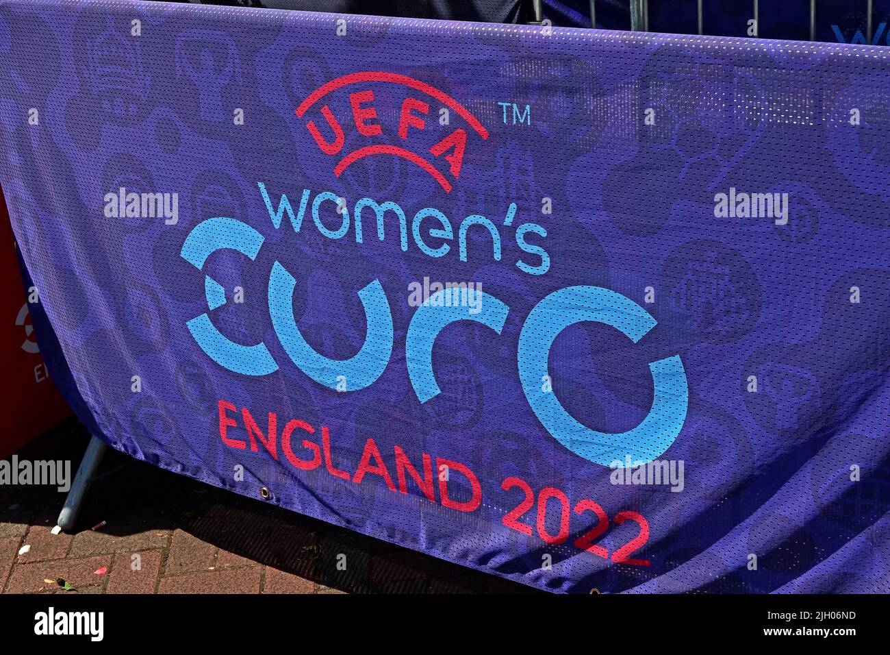 Banners for UEFA Womans Euro championship England 2022,in Leigh town centre, ready for Portugal vs Netherlands (Holland) after match party, NW England Stock Photo
