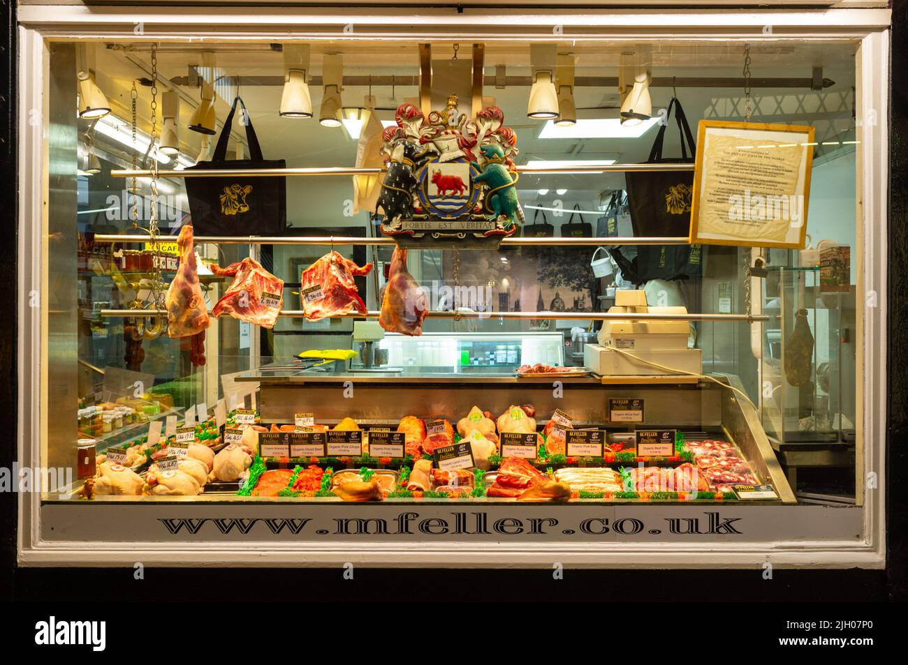 Traditional butchers shop window, Oxford market, UK 2022 Stock Photo