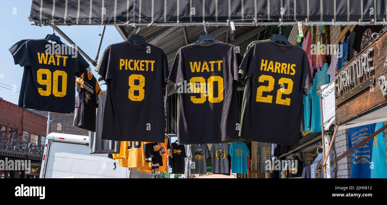 Pittsburgh Steeler t shirts for sale at a sports memorabilia shop in the Strip District neighborhood in Pittsburgh, Pennsylvania, USA Stock Photo