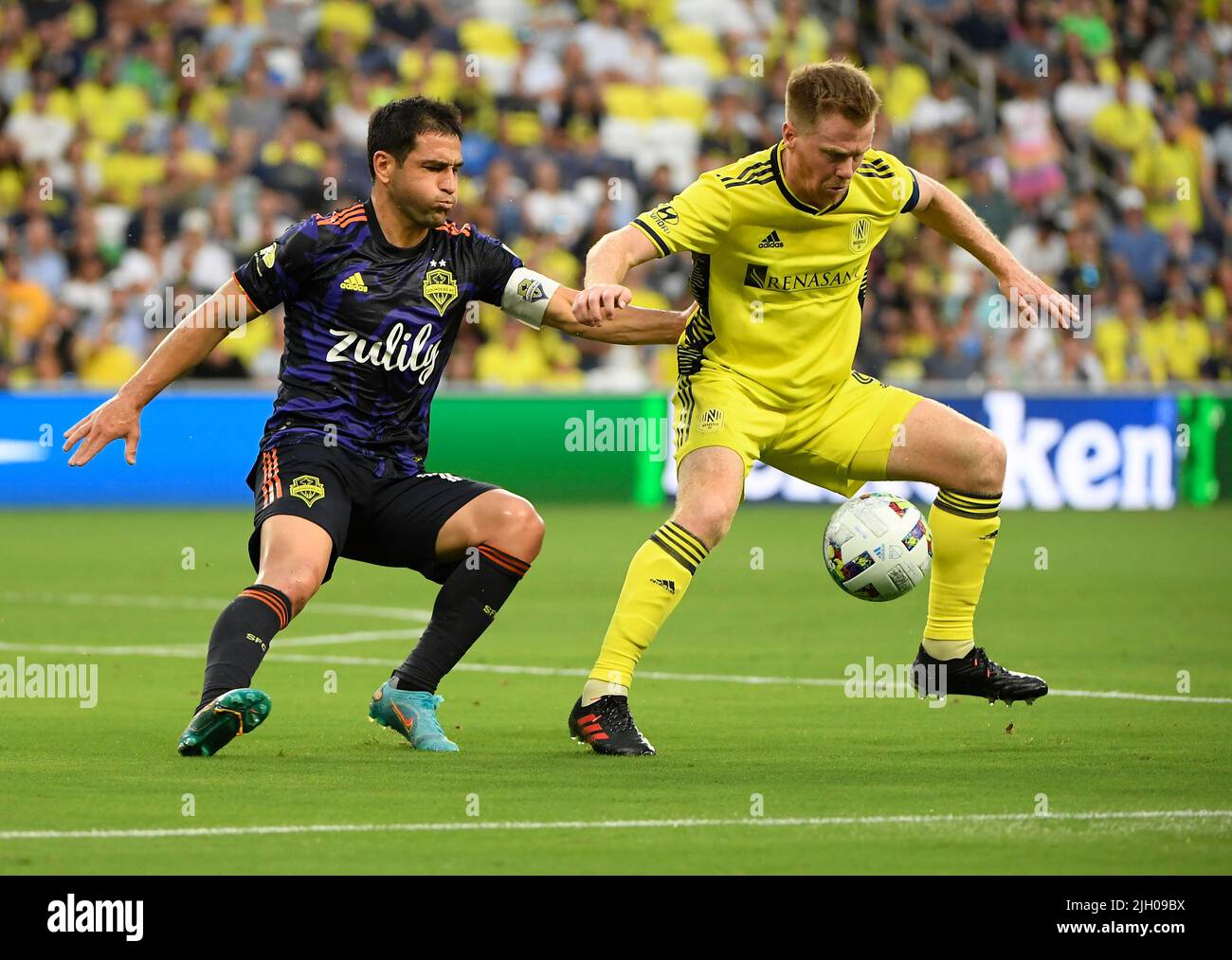 July 13, 2022: Nashville SC forward Aké Loba (9) dribbles the ball against the Seattle Sounders during the first half of an MLS game between the Seattle Sounders and Nashville SC at Geodis Park in Nashville TN Steve Roberts/CSM Stock Photo