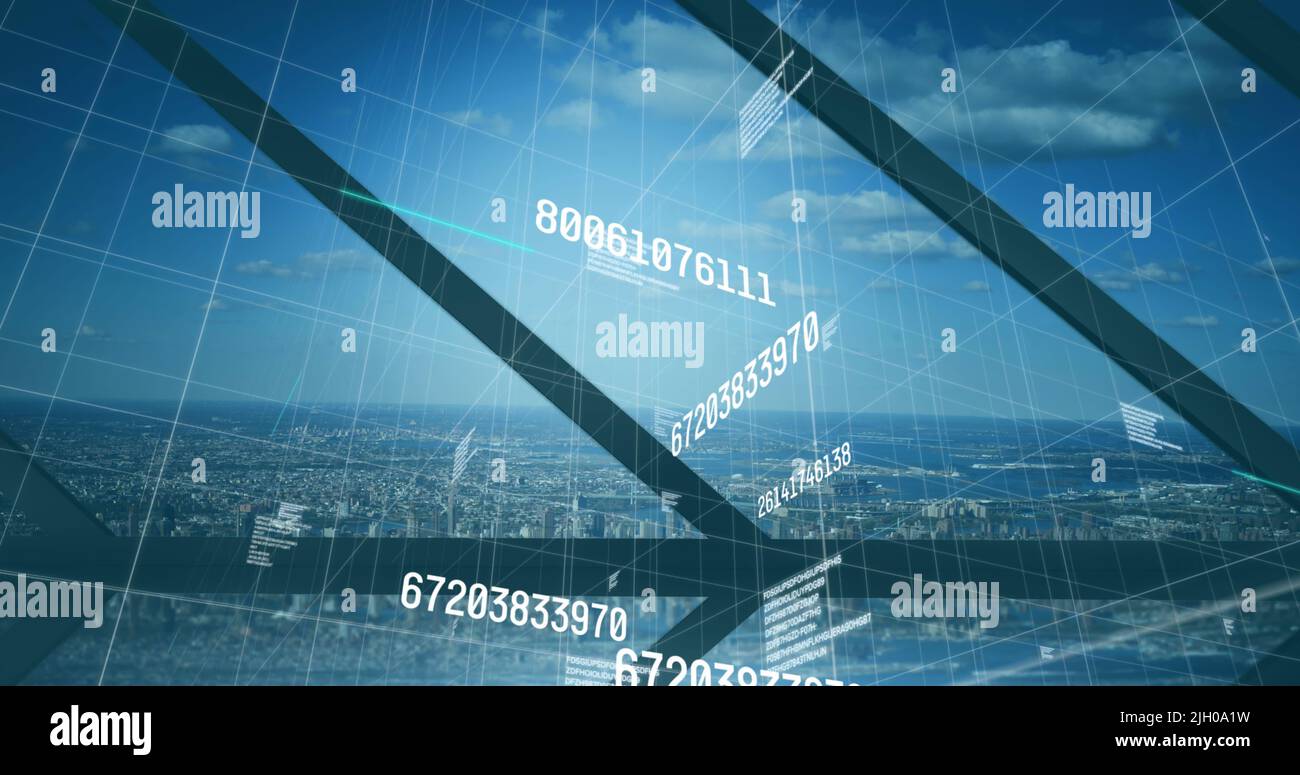 Image of numbers changing and data processing over cityscape Stock Photo