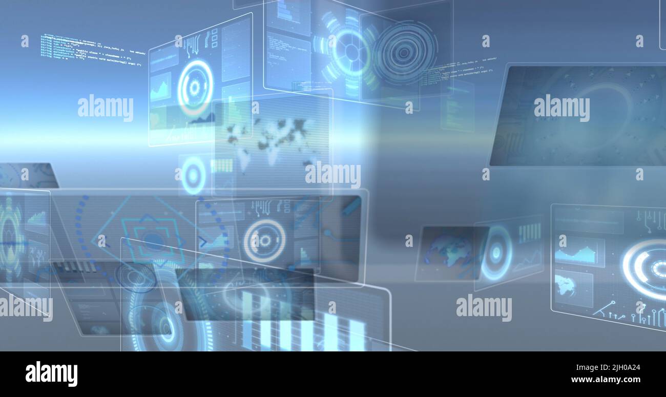 Image of data processing on moving screens Stock Photo - Alamy