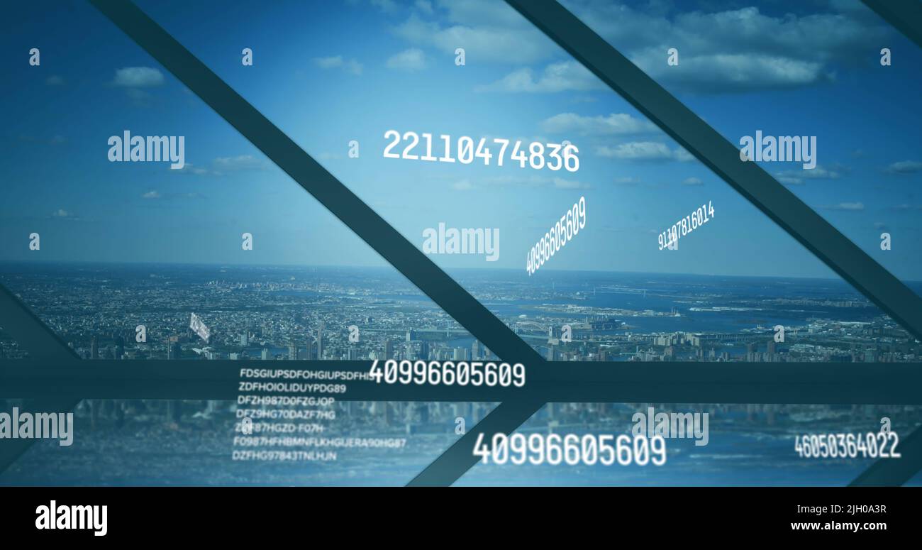 Image of numbers changing and data processing over cityscape Stock Photo