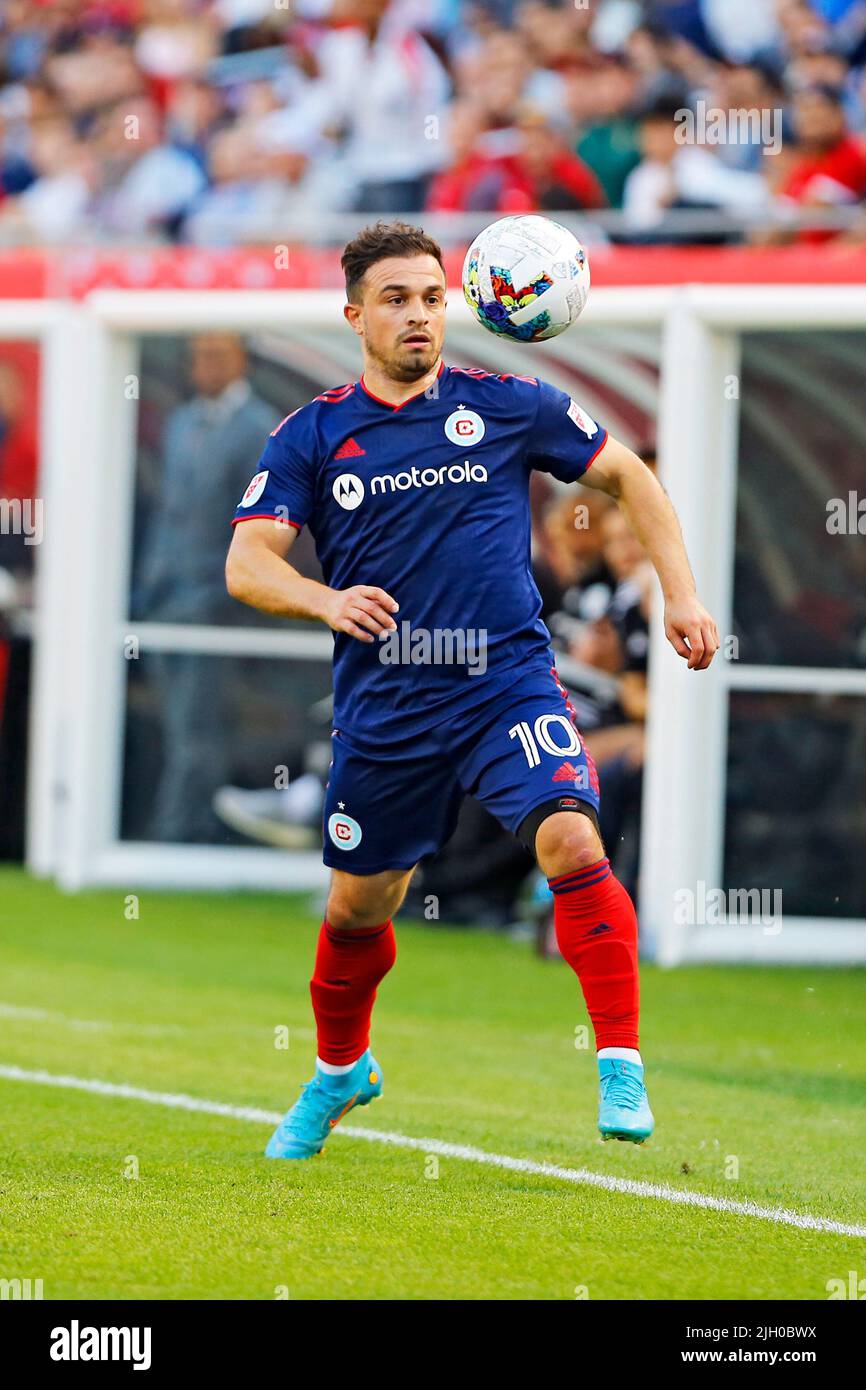 Chicago, USA, 13 July 2022.  MLS Chicago Fire FC's Xherdan Shaqiri (10) handles the ball against Toronto FC during a match at Soldier Field in Chicago, IL, USA. Credit: Tony Gadomski / All Sport Imaging / Alamy Live News Stock Photo