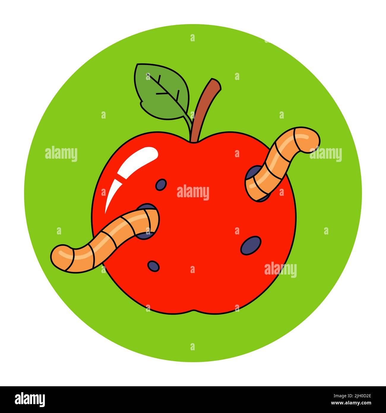 wormy red apple with a green leaf. flat vector illustration. Stock Vector