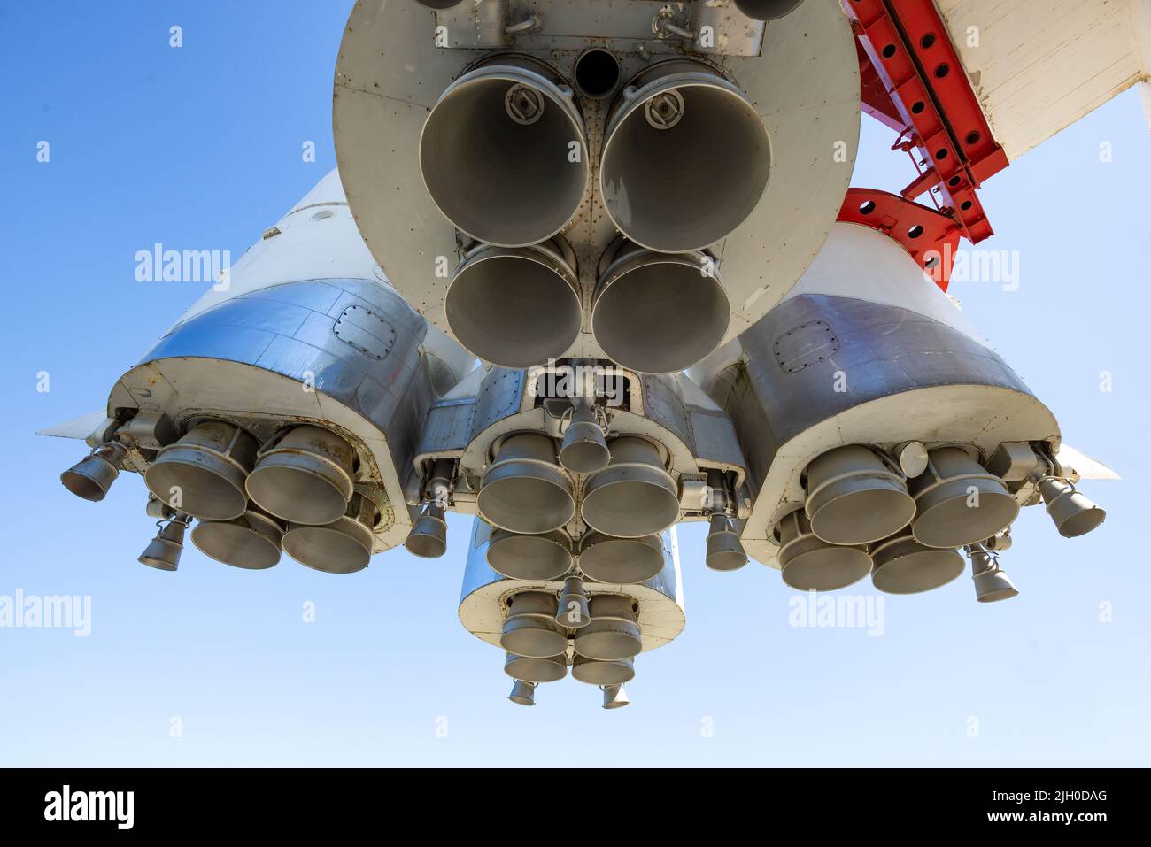 KALUGA, RUSSIA - JUNE 25, 2022: Space rocket nozzles close-up on a sunny day. State Museum of Cosmonautics Stock Photo