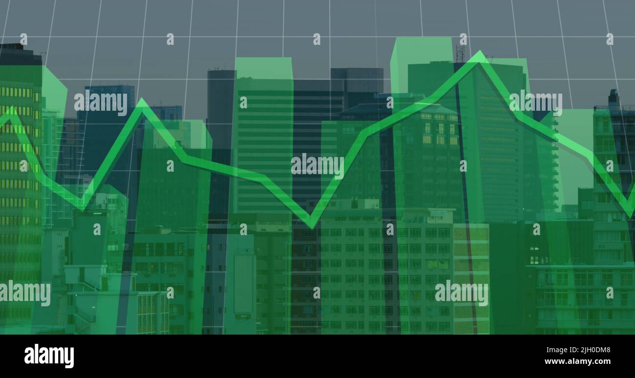 Image of financial graph and data processing over cityscape Stock Photo