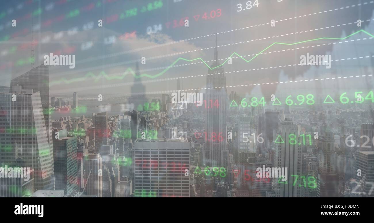 Image of financial graph and data processing over cityscape Stock Photo