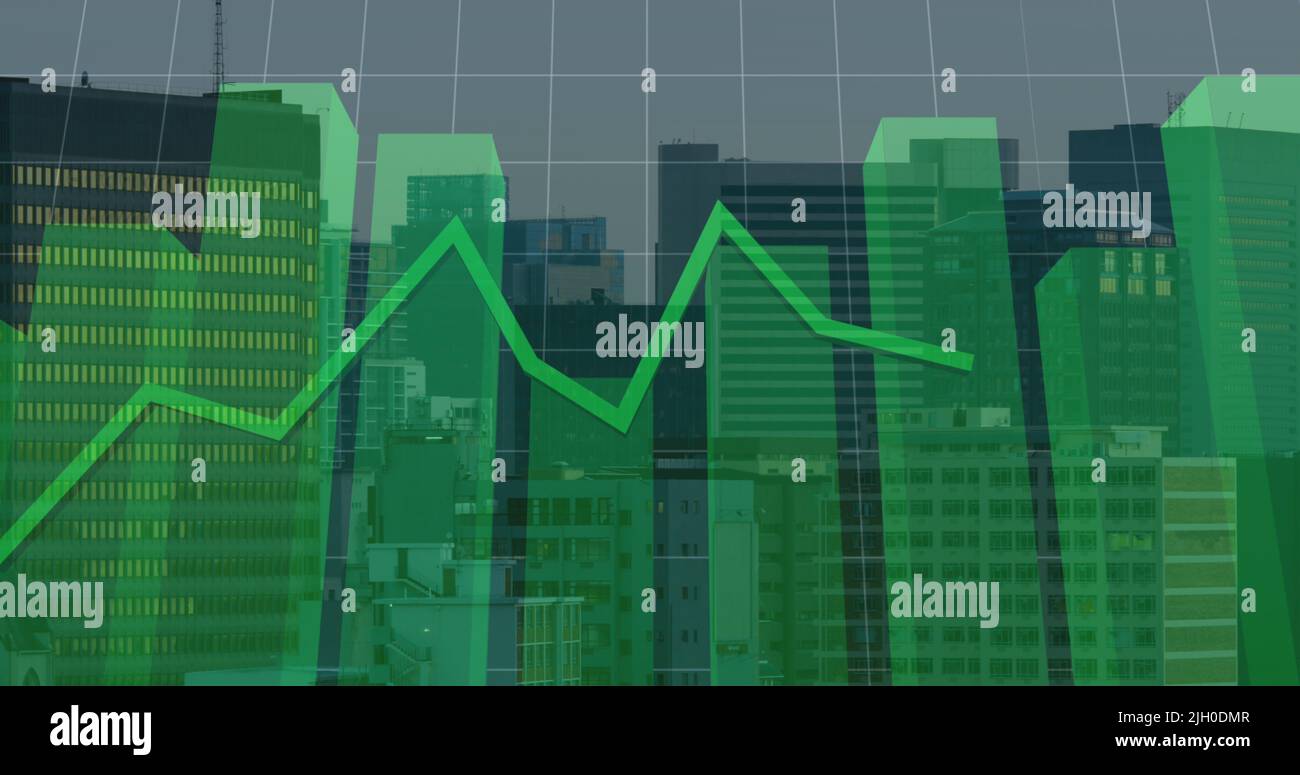 Image of financial graph and data processing over cityscape Stock Photo