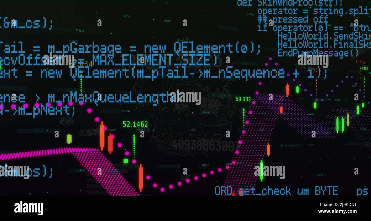 Image of graphs and data processing on black background Stock Photo