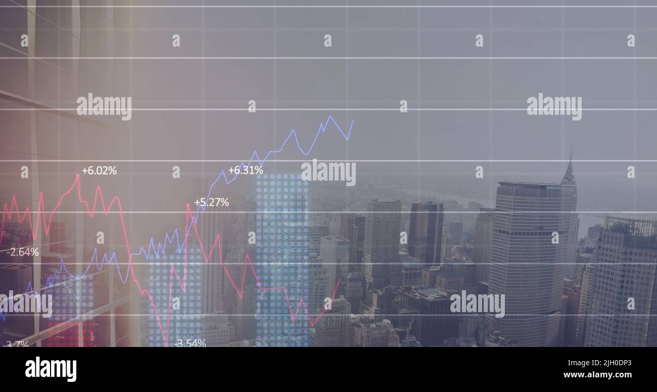 Image of financial graph and data processing over cityscape Stock Photo