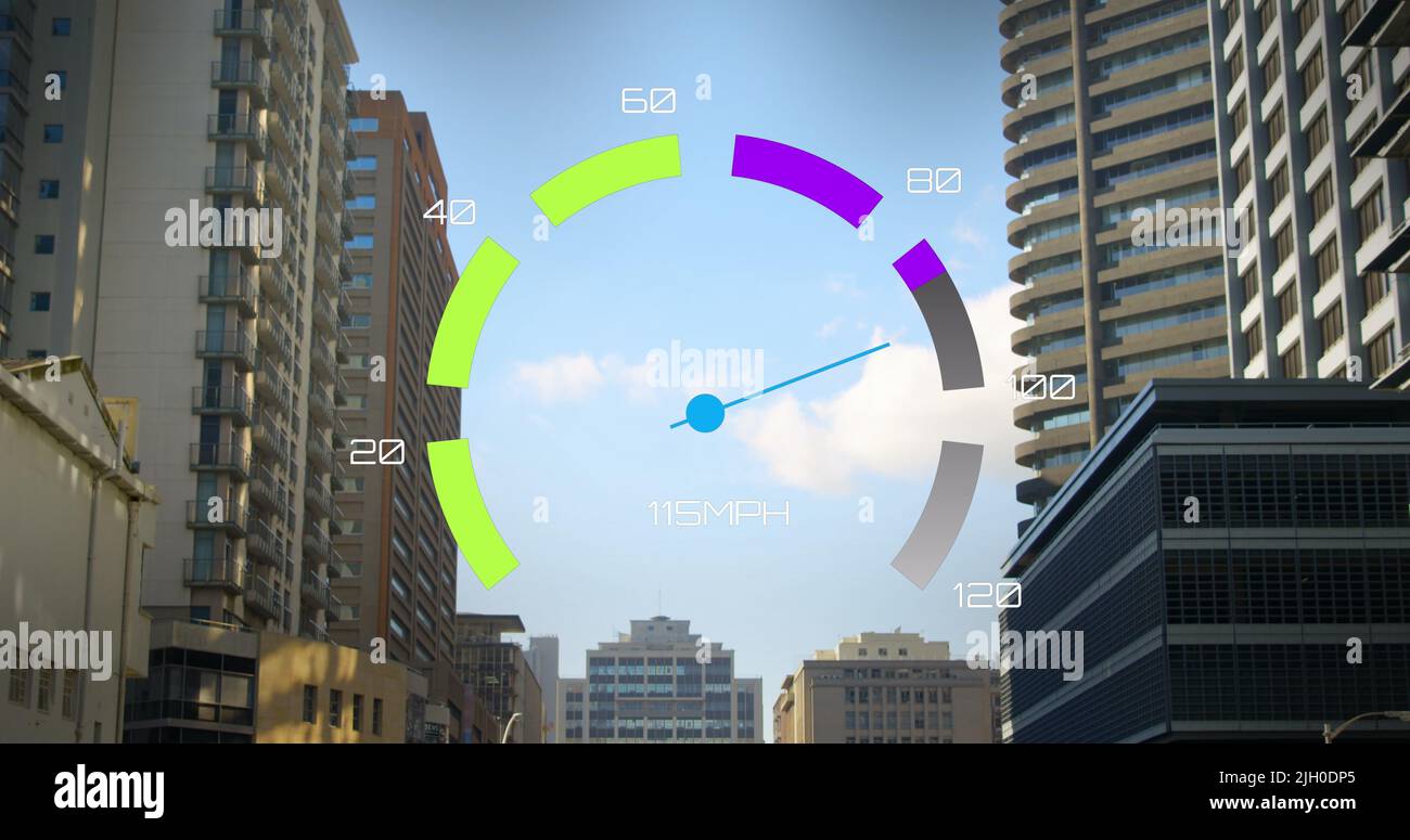 Image of speedometer over cityscape Stock Photo