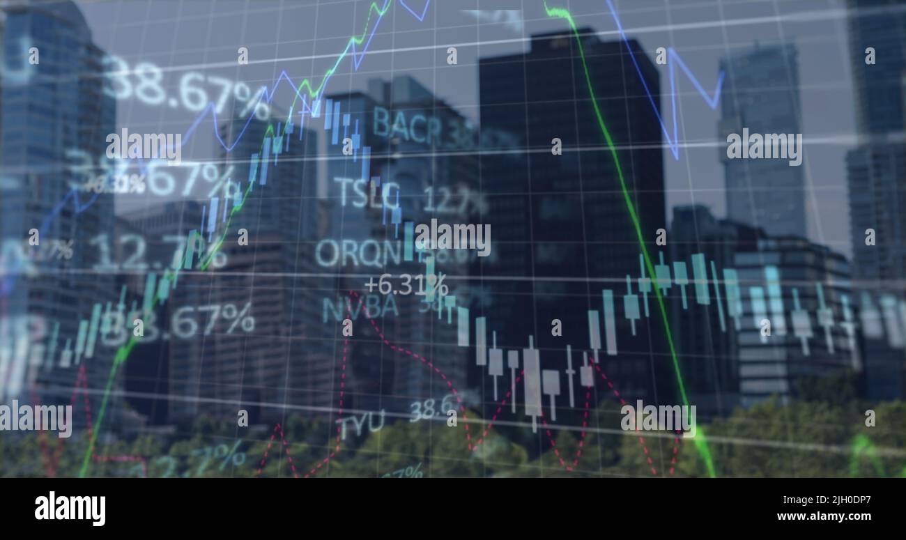 Image of financial graph and data processing over cityscape Stock Photo