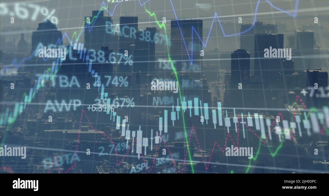 Image of financial graph and data processing over cityscape Stock Photo