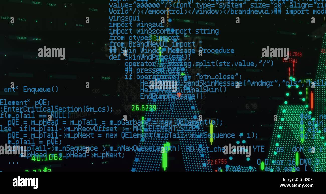 Image of graphs and data processing on black background Stock Photo