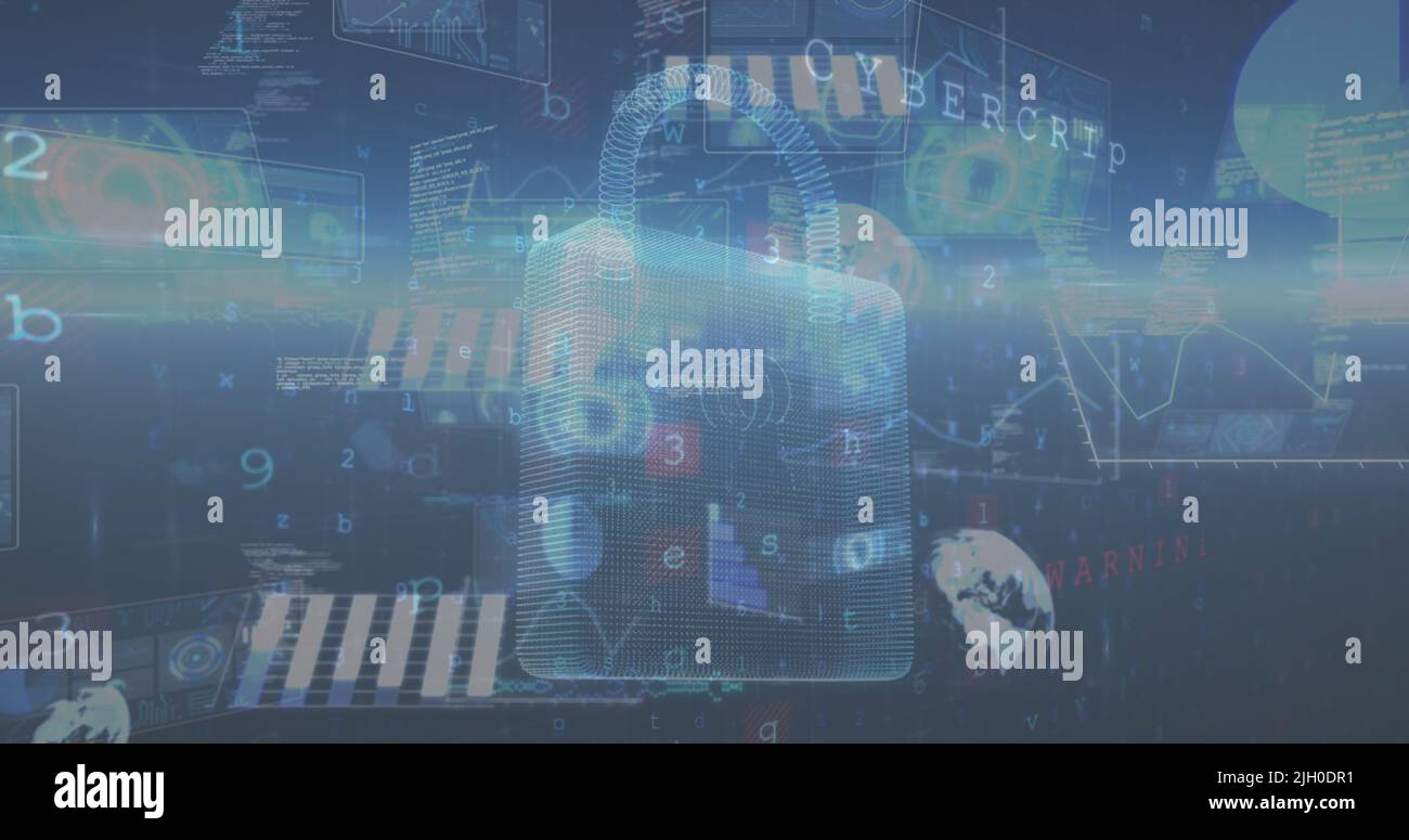 Image of data processing over padlock on black background Stock Photo