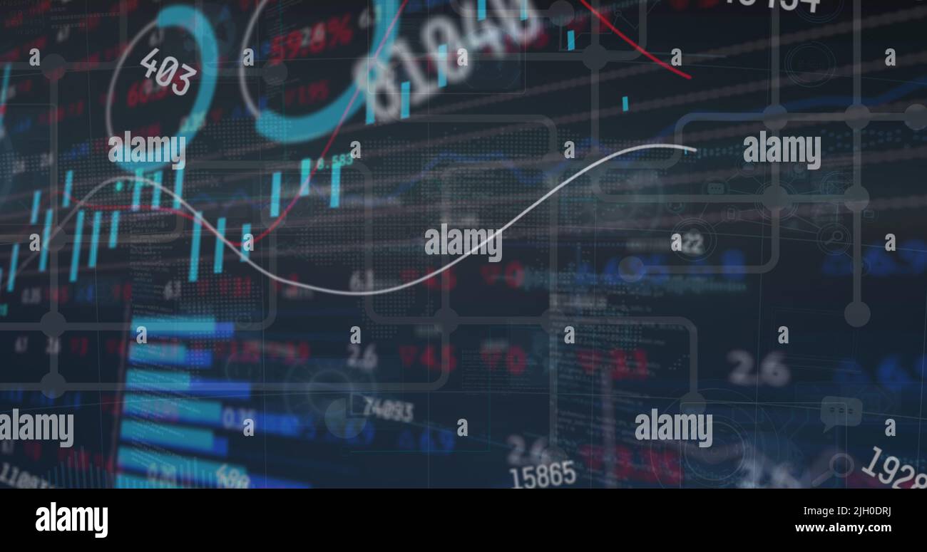 Image of graphs over data processing on black background Stock Photo