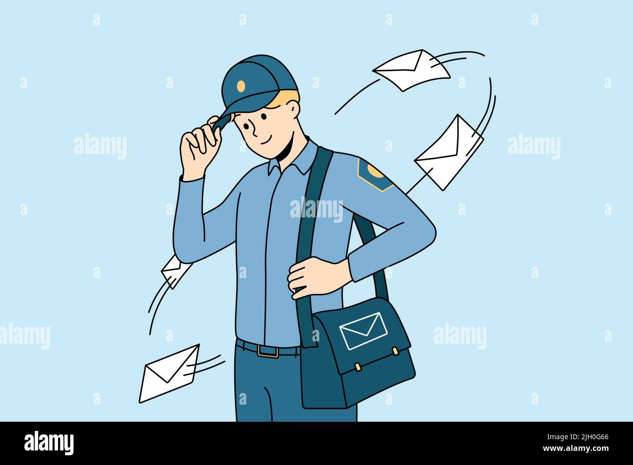 Smiling postman in uniform with bag full of post to deliver. Happy young mailman delivering letters to receivers. Postal service. Vector illustration.  Stock Vector