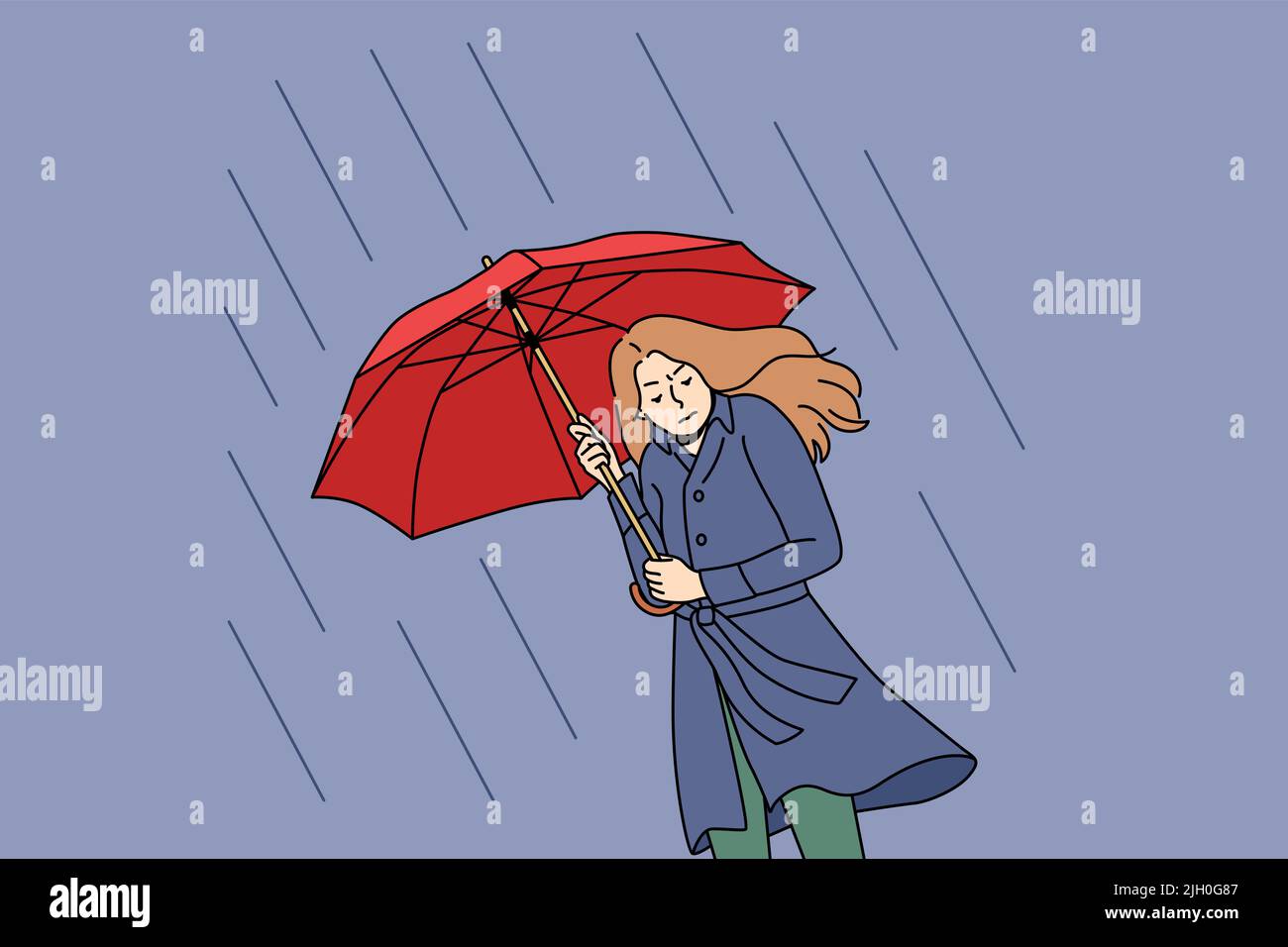 Unhappy young woman going under umbrella on rainy day. Upset stressed girl walk outside on cold bad weather in storm and thunderstorm. Vector illustration.  Stock Vector