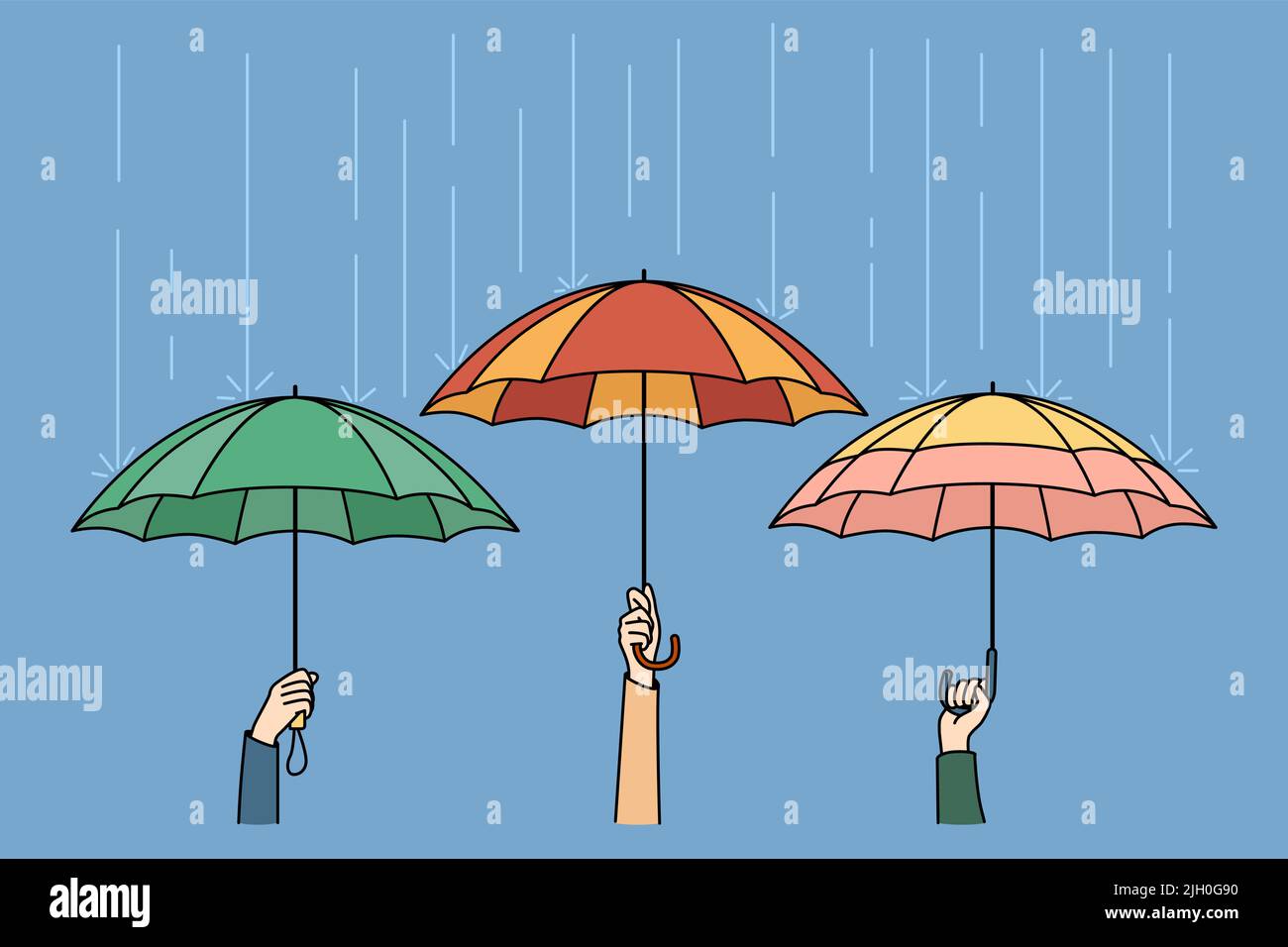 Hands holding colorful umbrellas hiding from rain in city. People outside on rainy weather. Storm and safety concept. Vector illustration.  Stock Vector