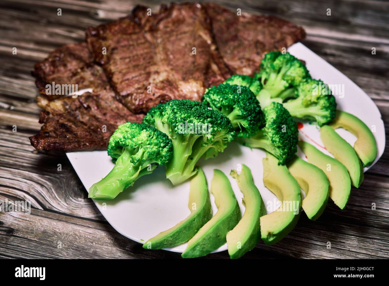 Keto diet based on beef steak, broccoli and avocado Stock Photo Alamy