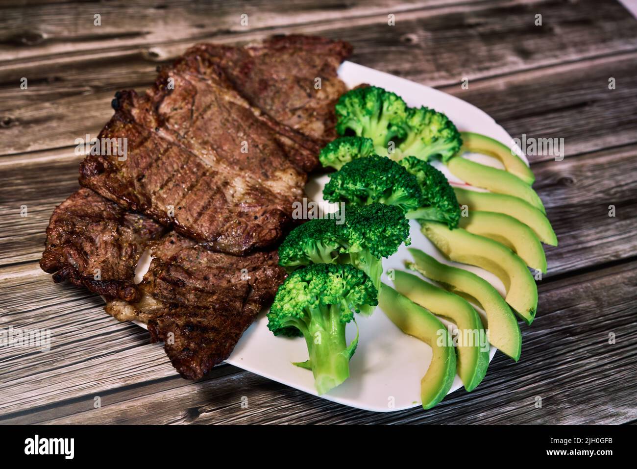 Keto diet based on beef steak, broccoli and avocado Stock Photo